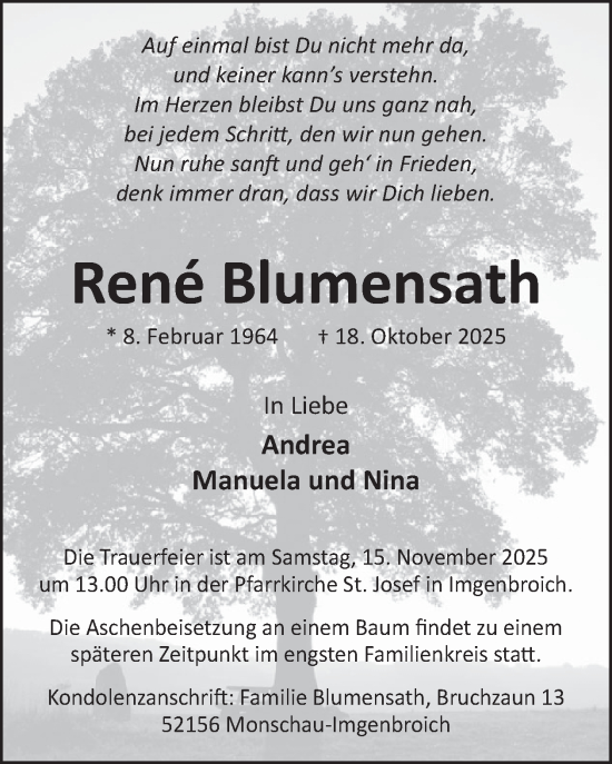 Traueranzeige von René Blumensath von WochenSpiegel