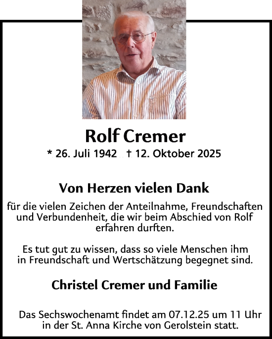 Traueranzeige von Rolf Cremer von WochenSpiegel