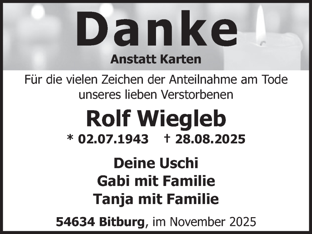  Traueranzeige für Rolf Wiegleb vom 21.11.2025 aus WochenSpiegel