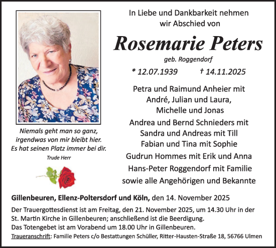 Traueranzeige von Rosemarie Peters von WochenSpiegel