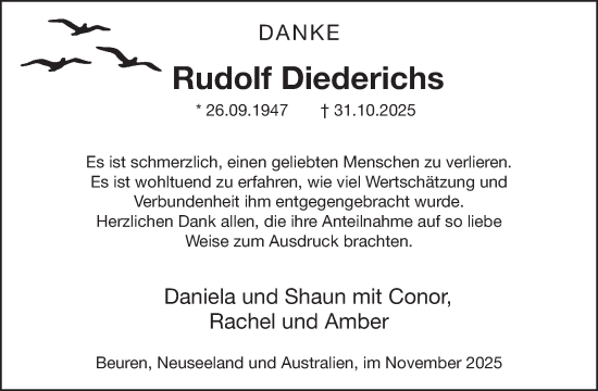 Traueranzeige von Rudolf Diederichs von WochenSpiegel