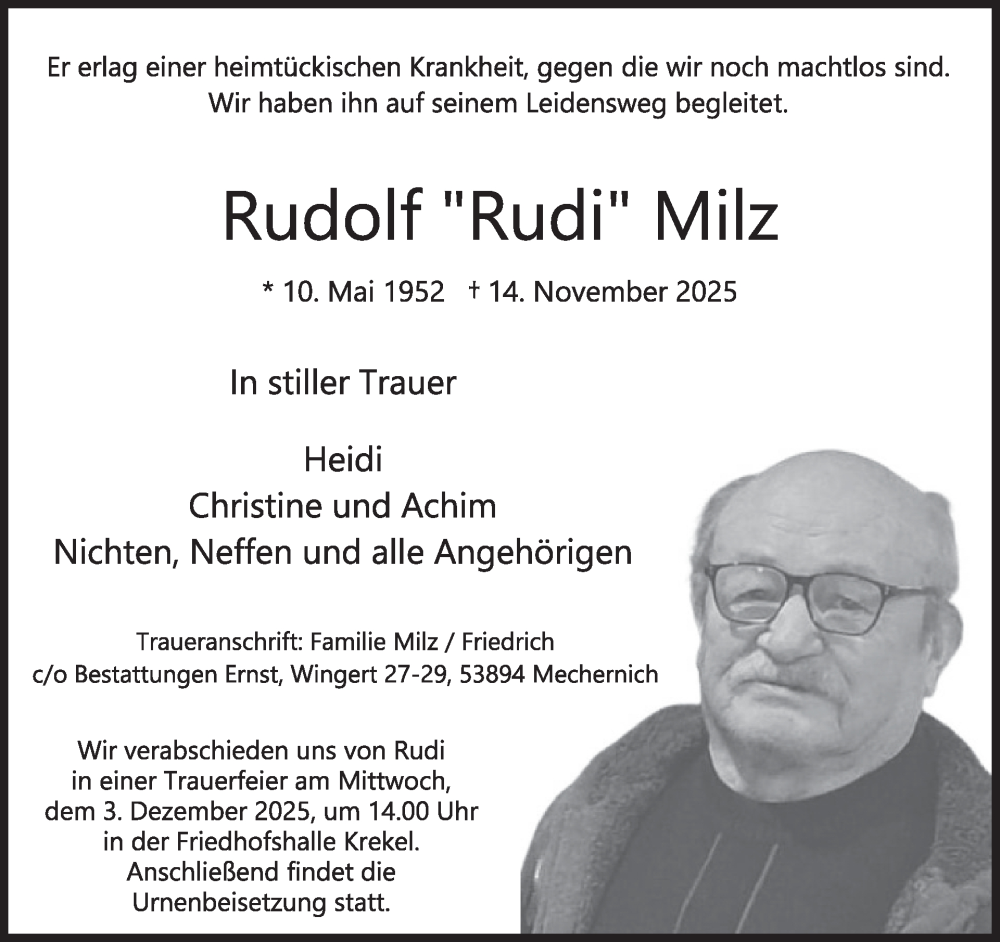  Traueranzeige für Rudolf Milz vom 26.11.2025 aus WochenSpiegel