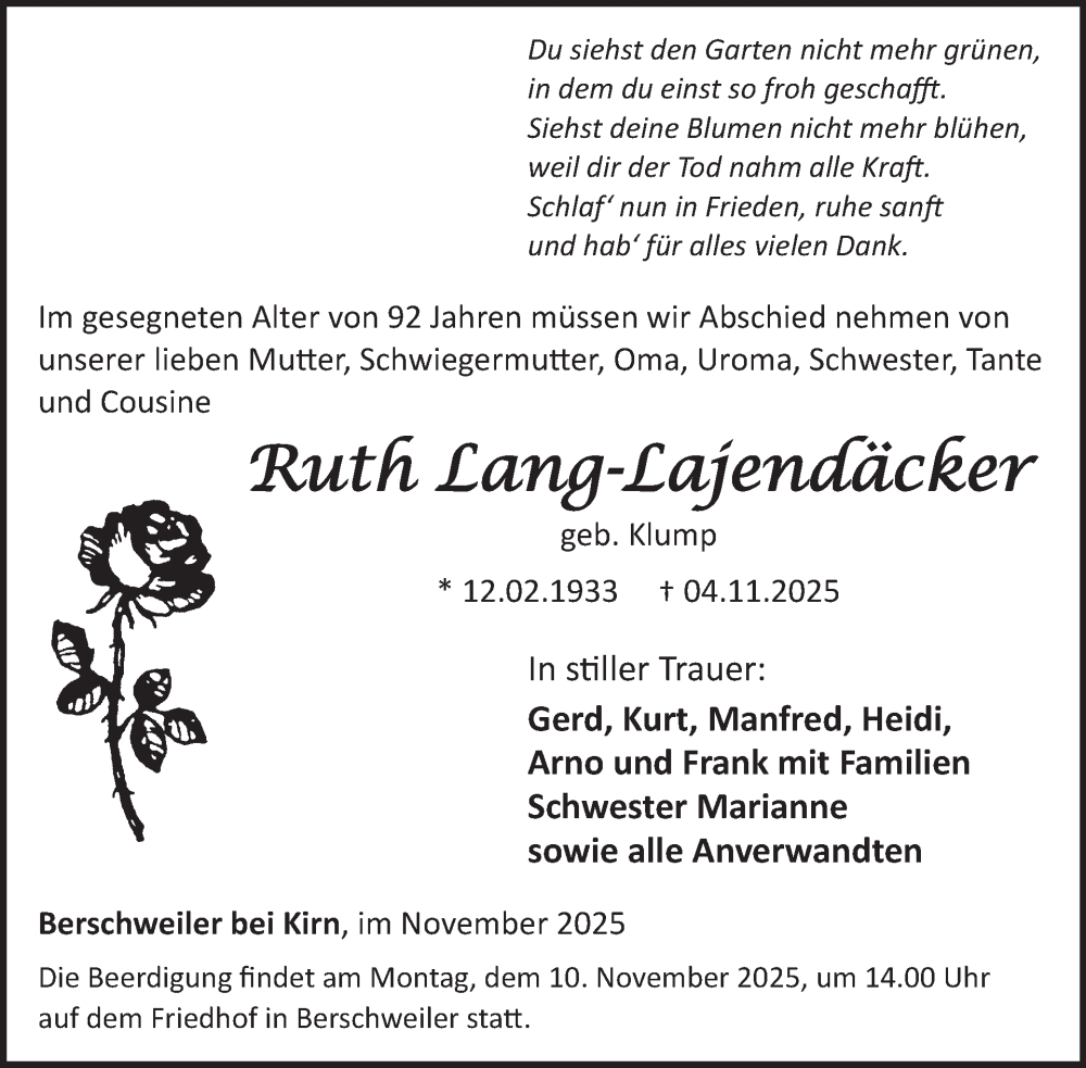  Traueranzeige für Ruth Lang-Lajendäcker vom 08.11.2025 aus WochenSpiegel