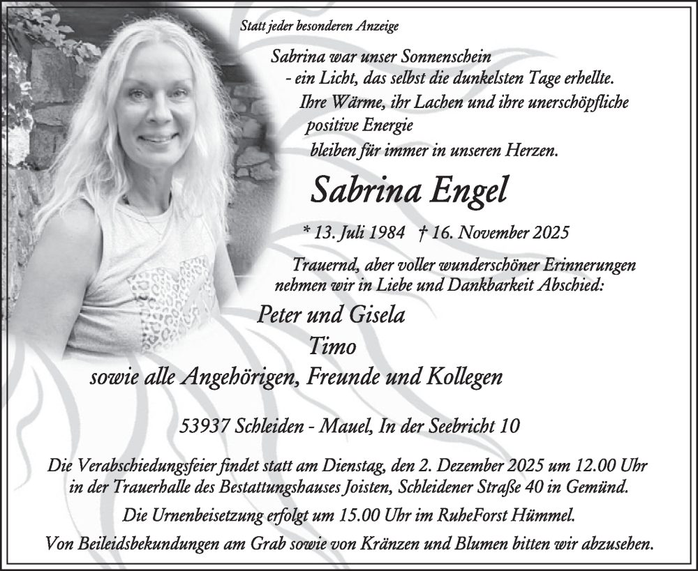  Traueranzeige für Sabrina Engel vom 26.11.2025 aus WochenSpiegel