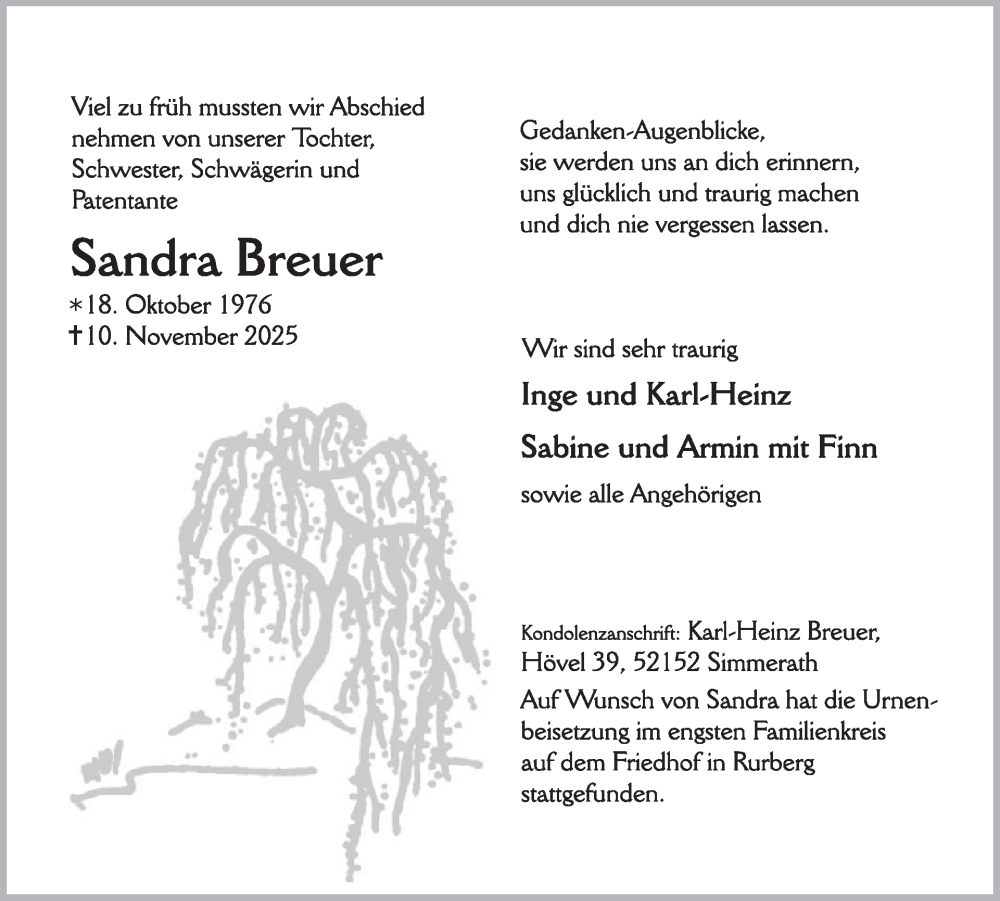  Traueranzeige für Sandra Breuer vom 26.11.2025 aus WochenSpiegel
