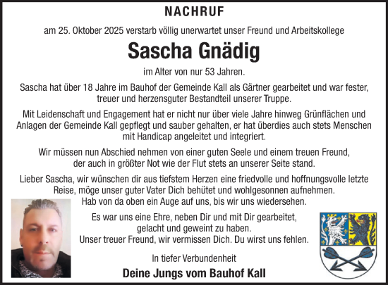 Traueranzeige von Sascha Gnädig von WochenSpiegel
