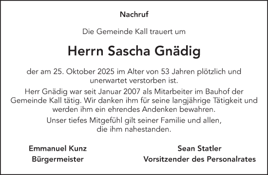 Traueranzeige von Sascha Gnädig von WochenSpiegel