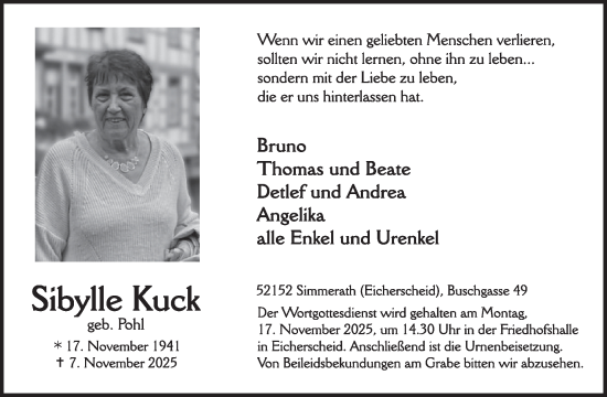 Traueranzeige von Sibylle Kuck von WochenSpiegel
