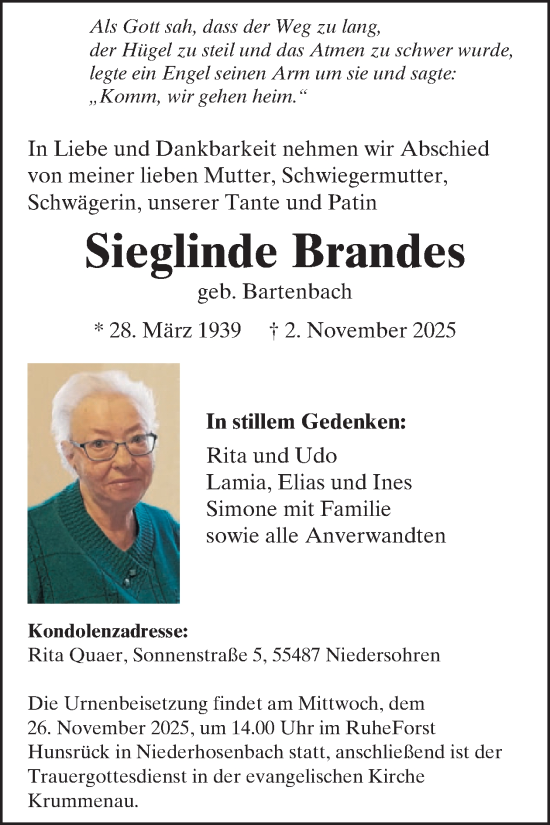 Traueranzeige von Sieglinde Brandes von WochenSpiegel