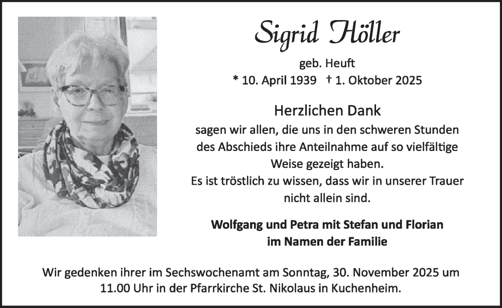  Traueranzeige für Sigrid Höller vom 26.11.2025 aus WochenSpiegel