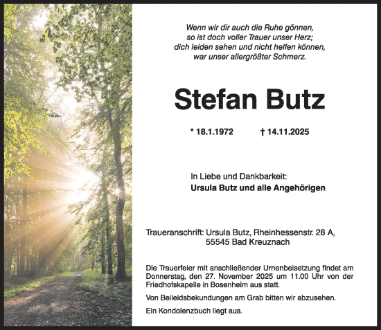 Traueranzeige von Stefan Butz von WochenSpiegel