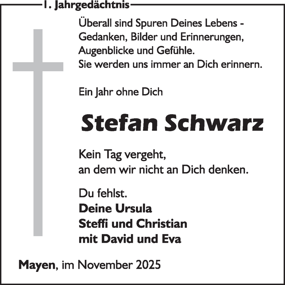  Traueranzeige für Stefan Schwarz vom 19.11.2025 aus WochenSpiegel