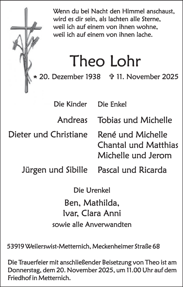  Traueranzeige für Theo Lohr vom 19.11.2025 aus WochenSpiegel