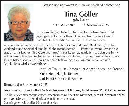 Traueranzeige von Tina Göller von WochenSpiegel