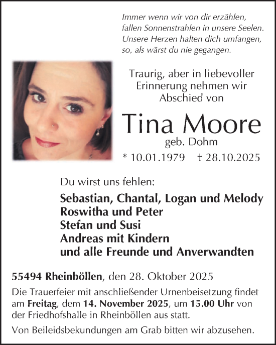 Traueranzeige von Tina Moore von WochenSpiegel