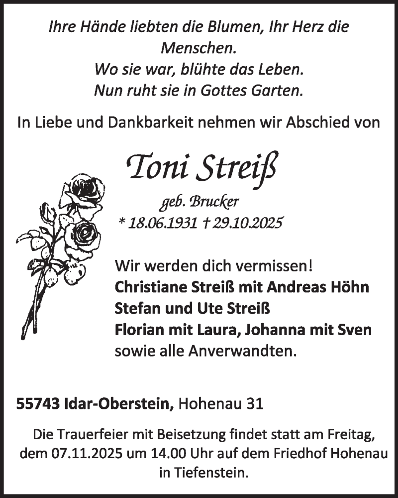  Traueranzeige für Toni Streif vom 08.11.2025 aus WochenSpiegel