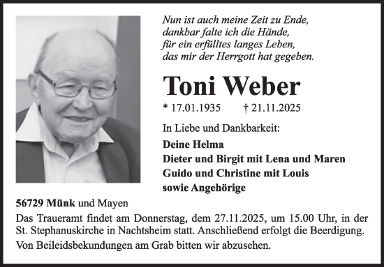 Traueranzeige von Toni Weber von WochenSpiegel