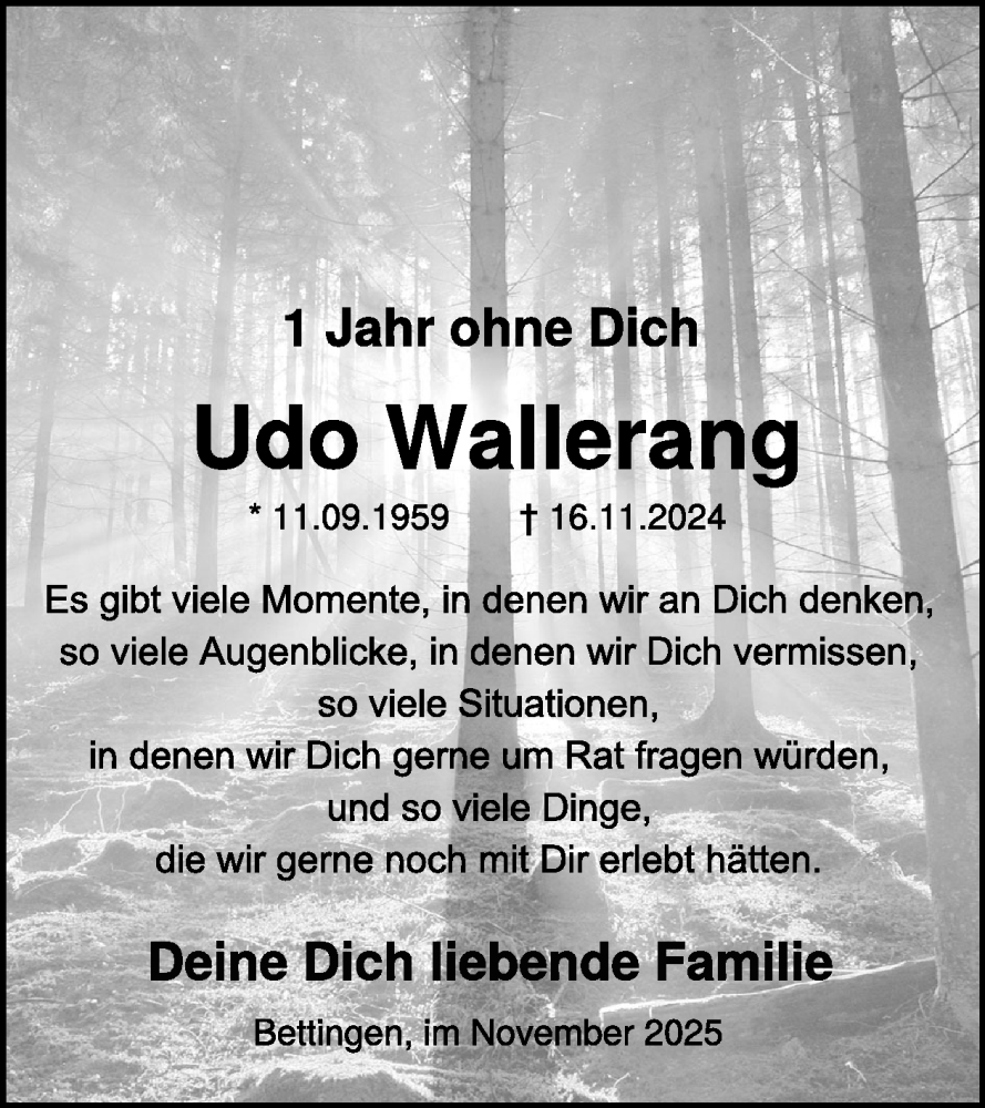  Traueranzeige für Udo Wallerang vom 14.11.2025 aus WochenSpiegel