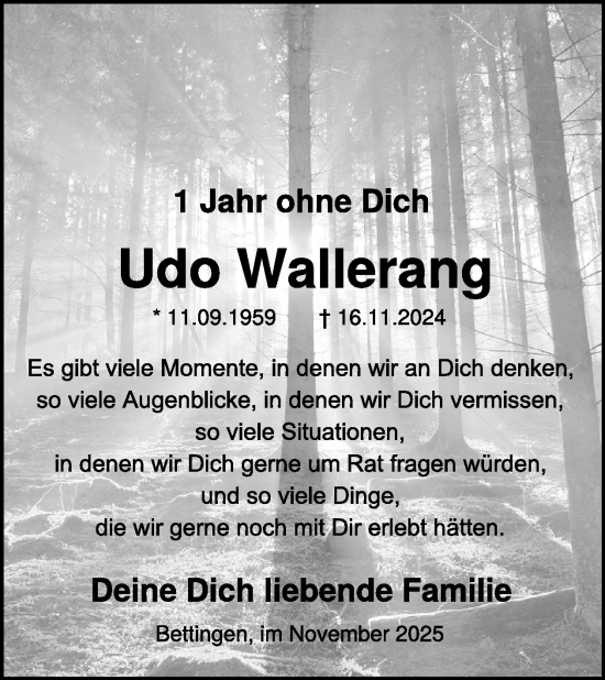 Traueranzeige von Udo Wallerang von WochenSpiegel