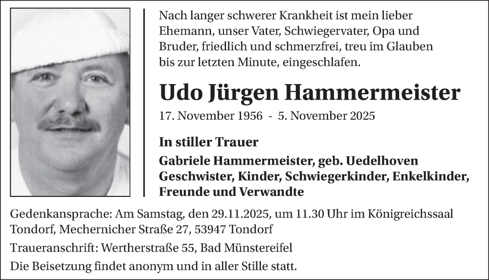  Traueranzeige für Udo Jürgen Hammermeister vom 26.11.2025 aus WochenSpiegel