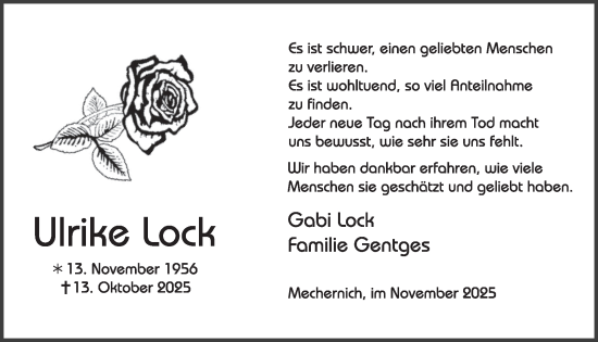 Traueranzeige von Ulrike Lock von WochenSpiegel