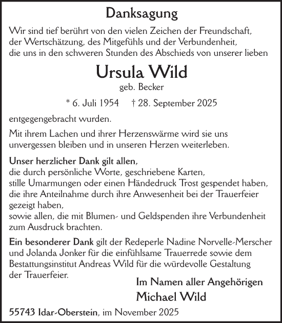 Traueranzeige von Ursula Wild von WochenSpiegel