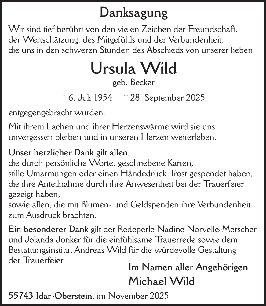  Traueranzeige für Ursula Wild vom 15.11.2025 aus WochenSpiegel