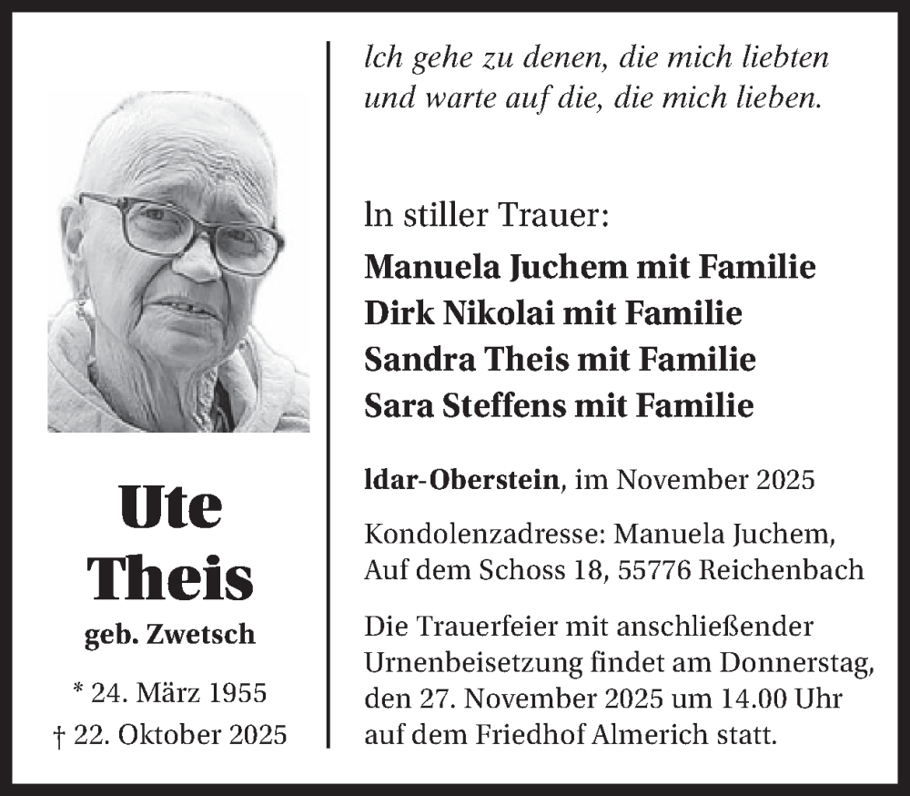  Traueranzeige für Ute Theis vom 22.11.2025 aus WochenSpiegel