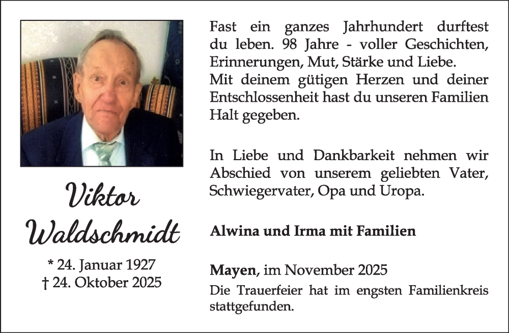  Traueranzeige für Viktor Waldschmidt vom 12.11.2025 aus WochenSpiegel