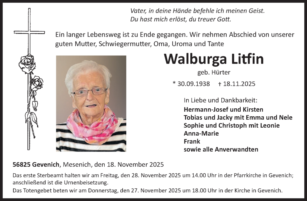  Traueranzeige für Walburga Litfin vom 26.11.2025 aus WochenSpiegel