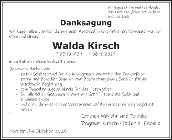 Traueranzeige von Walda Kirsch von WochenSpiegel