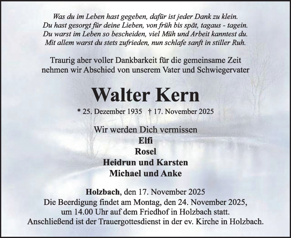  Traueranzeige für Walter Kern vom 22.11.2025 aus WochenSpiegel