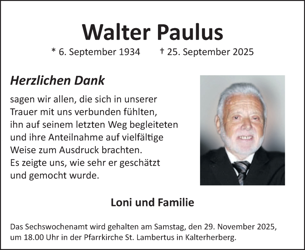  Traueranzeige für Walter Paulus vom 12.11.2025 aus WochenSpiegel