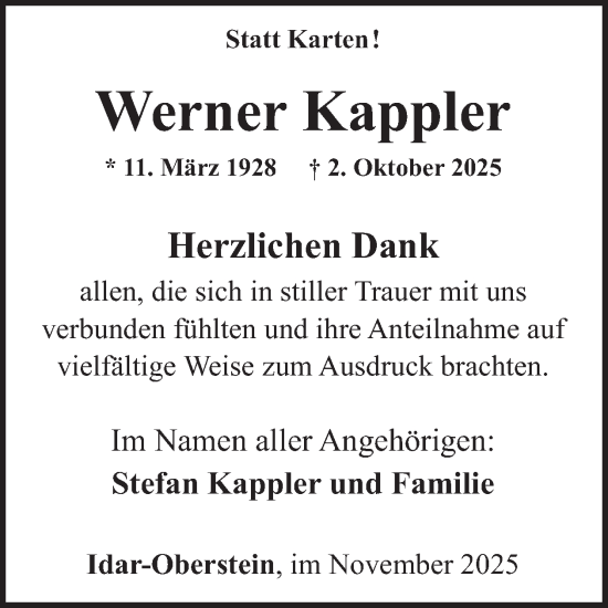 Traueranzeige von Werner Kappler von WochenSpiegel