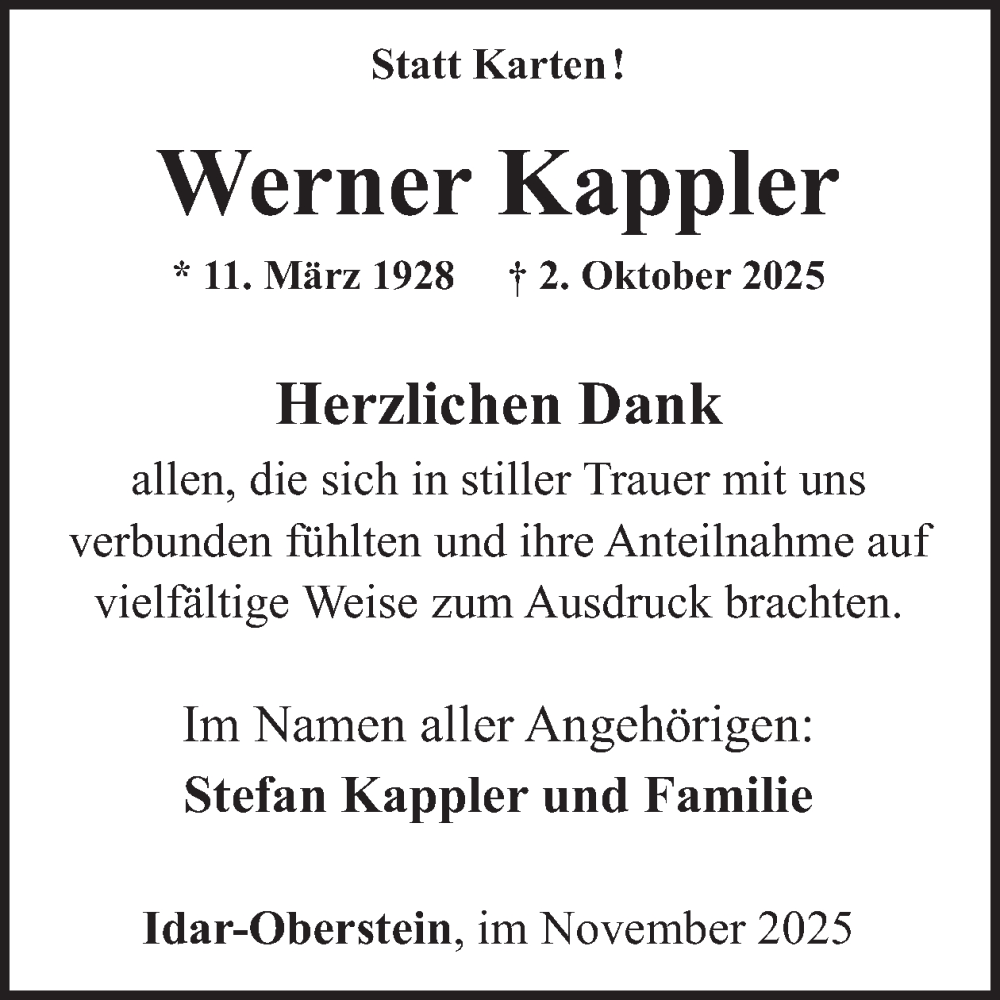  Traueranzeige für Werner Kappler vom 29.11.2025 aus WochenSpiegel