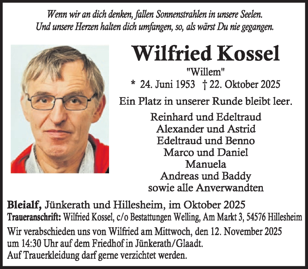  Traueranzeige für Wilfried Kossel vom 08.11.2025 aus WochenSpiegel