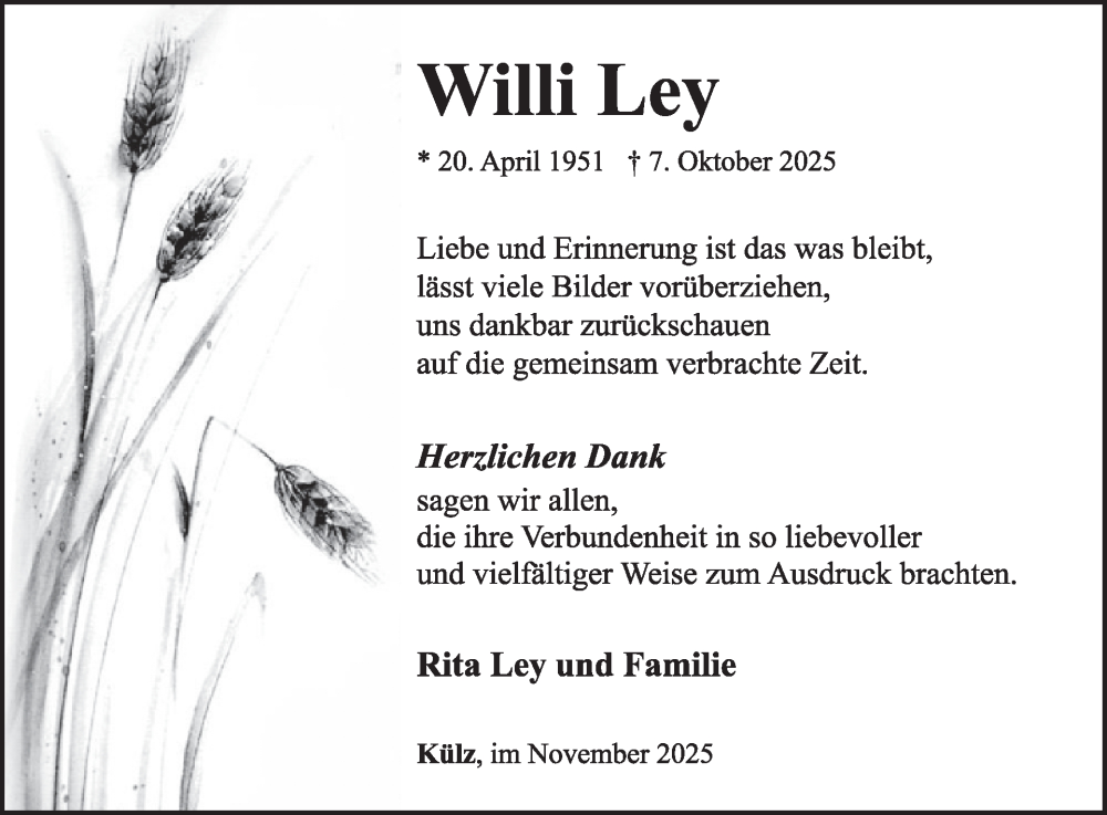  Traueranzeige für Willi Ley vom 22.11.2025 aus WochenSpiegel