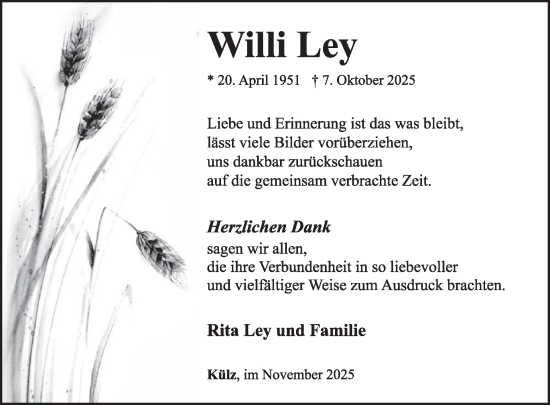 Traueranzeige von Willi Ley von WochenSpiegel