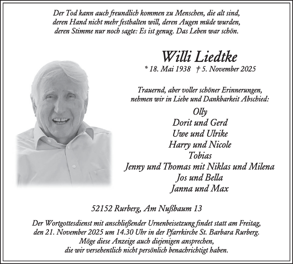  Traueranzeige für Willi Liedtke vom 12.11.2025 aus WochenSpiegel