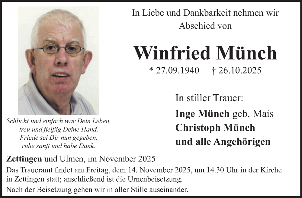  Traueranzeige für Winfried Münch vom 05.11.2025 aus WochenSpiegel