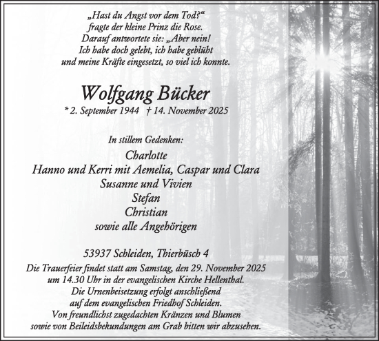 Traueranzeige von Wolfgang Bücker von WochenSpiegel