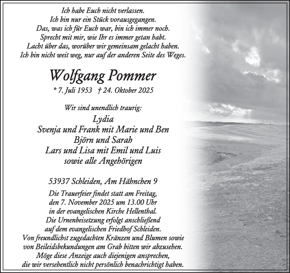  Traueranzeige für Wolfgang Pommer vom 05.11.2025 aus WochenSpiegel