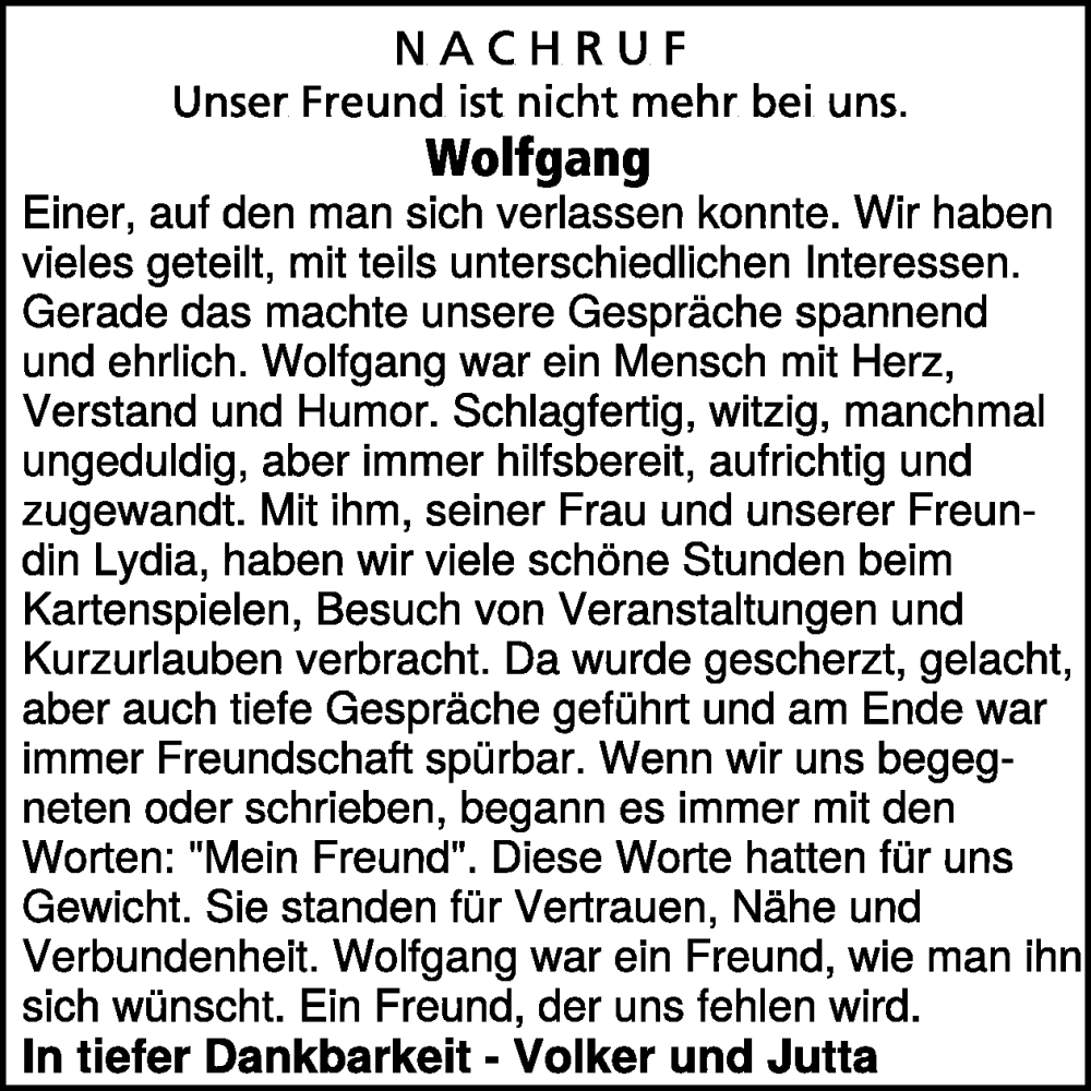  Traueranzeige für Wolfgang Pommer vom 12.11.2025 aus WochenSpiegel