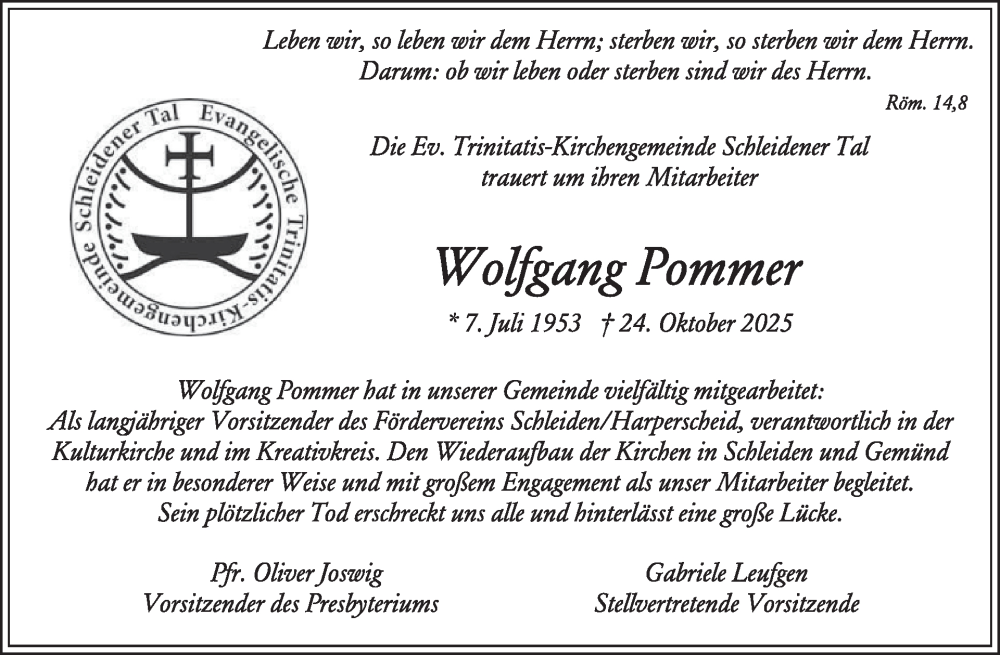  Traueranzeige für Wolfgang Pommer vom 05.11.2025 aus WochenSpiegel