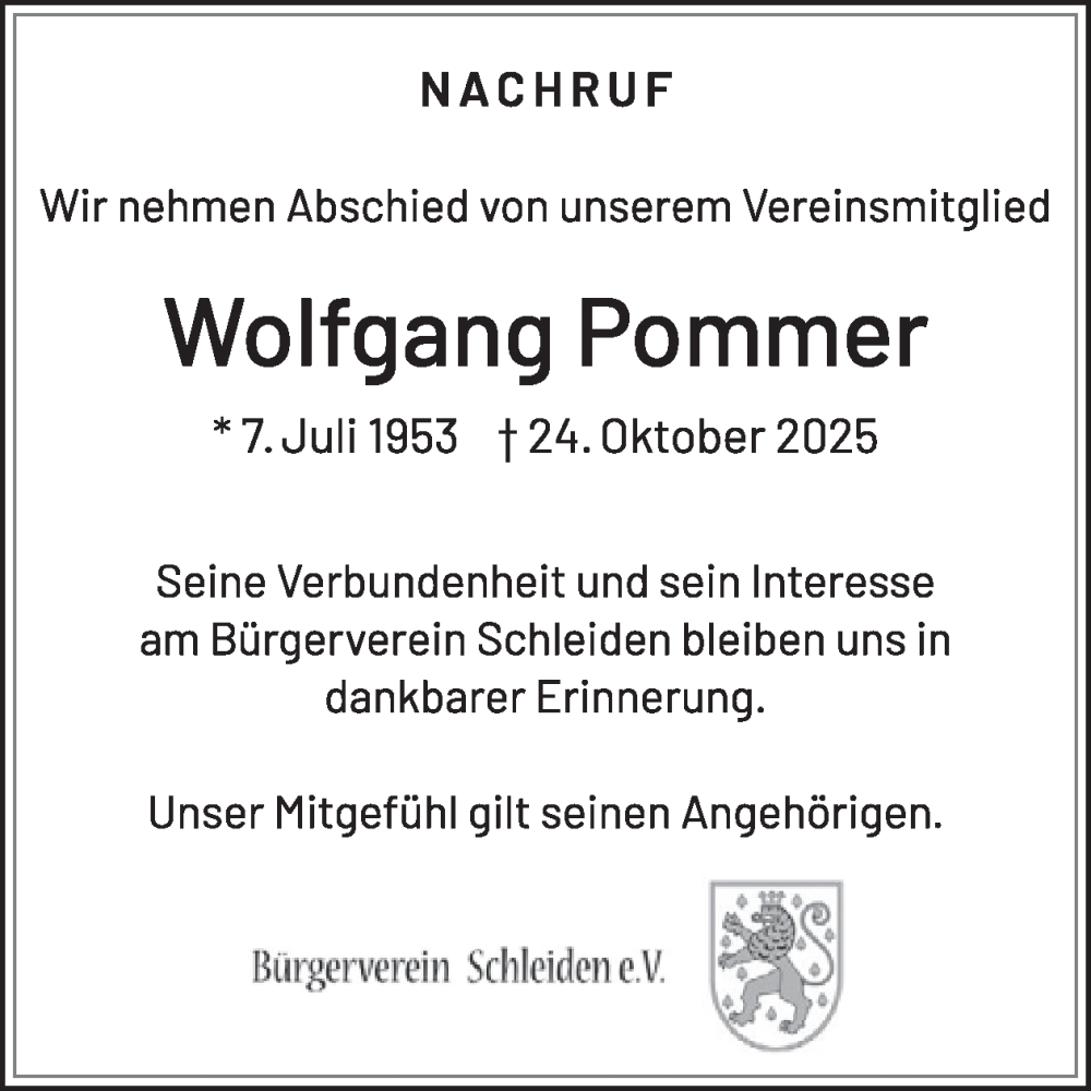  Traueranzeige für Wolfgang Pommer vom 12.11.2025 aus WochenSpiegel