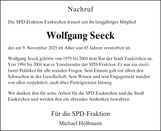 Traueranzeige von Wolfgang Seeck von WochenSpiegel