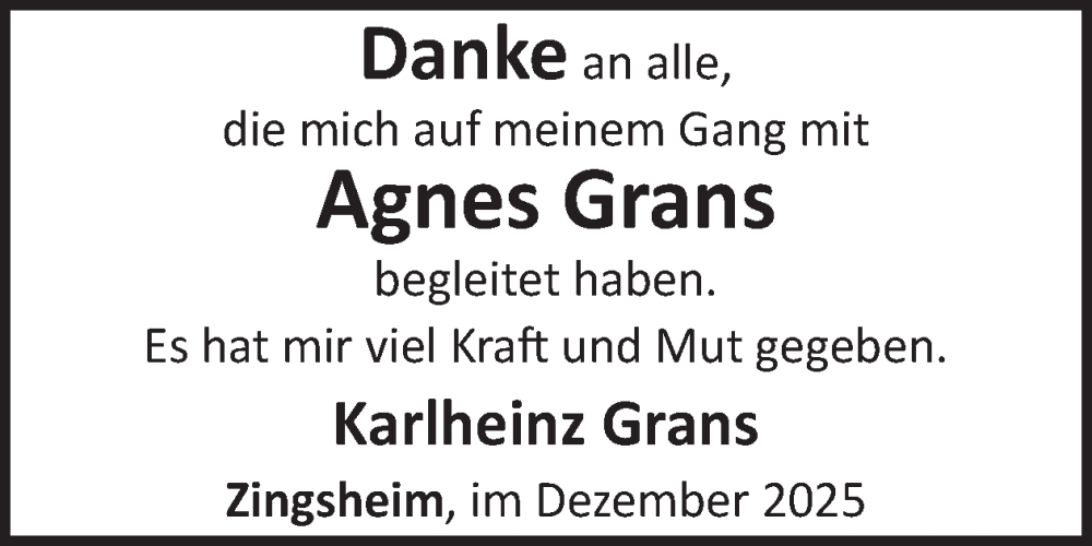  Traueranzeige für Agnes Grans vom 03.12.2025 aus WochenSpiegel