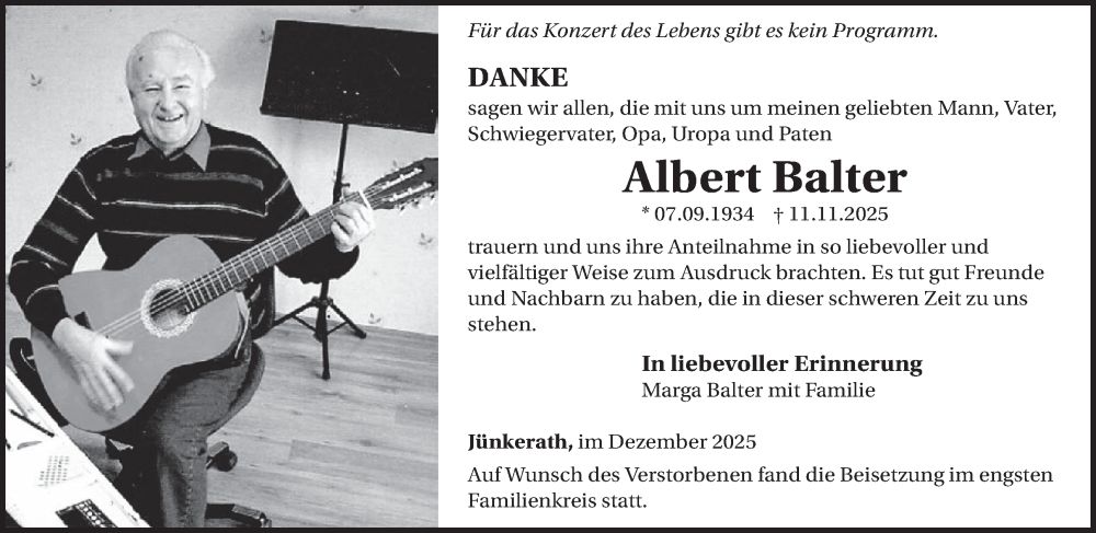 Traueranzeige für Albert Balter vom 13.12.2025 aus WochenSpiegel