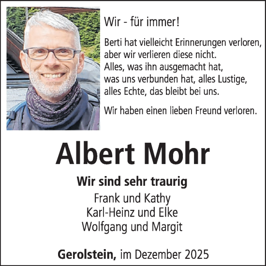 Traueranzeige von Albert Mohr von WochenSpiegel