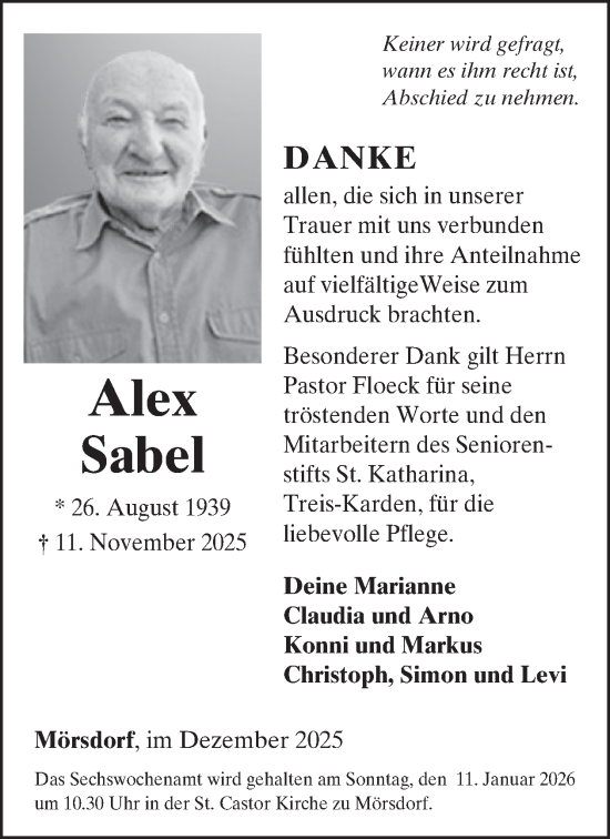 Traueranzeige von Alex Sabel von WochenSpiegel